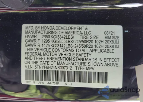 2022 Honda Pilot Awd Special Edition из США, поврежденный, VIN 5FNYF6H24NB007312